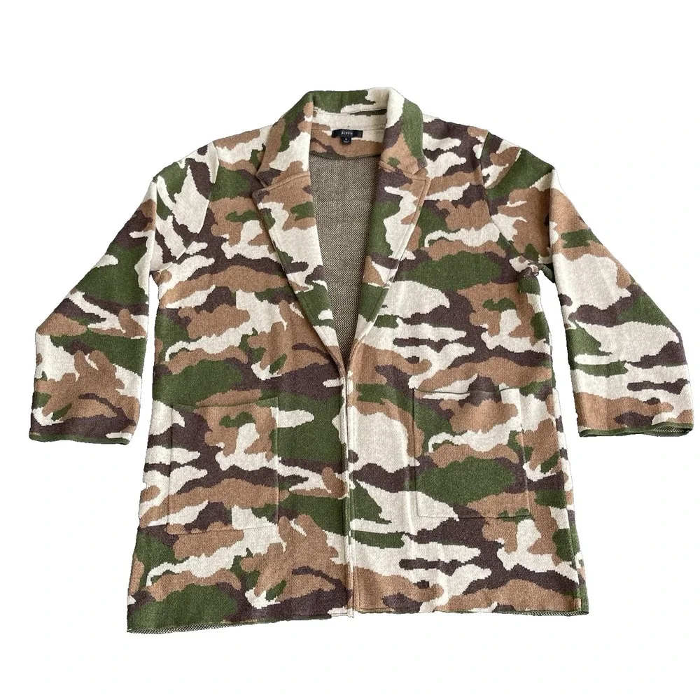 J. CREW Sweater Blazer Women Large Green Camo Sophie Open Front Boho Chic Jacket